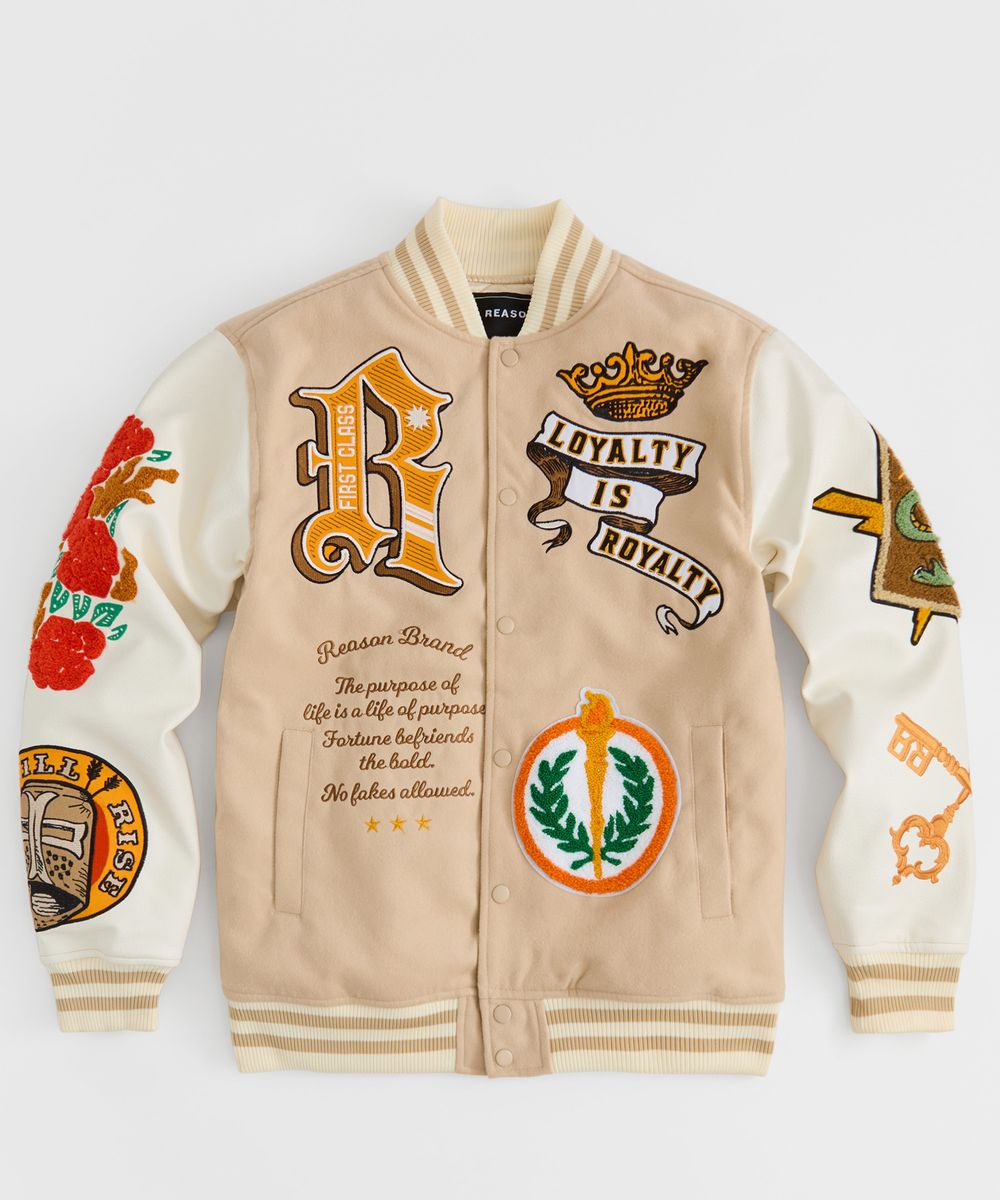 Loyalty faux leather varsity jacket in beige