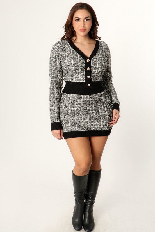 At The Office tweed cardigan and mini skirt set
