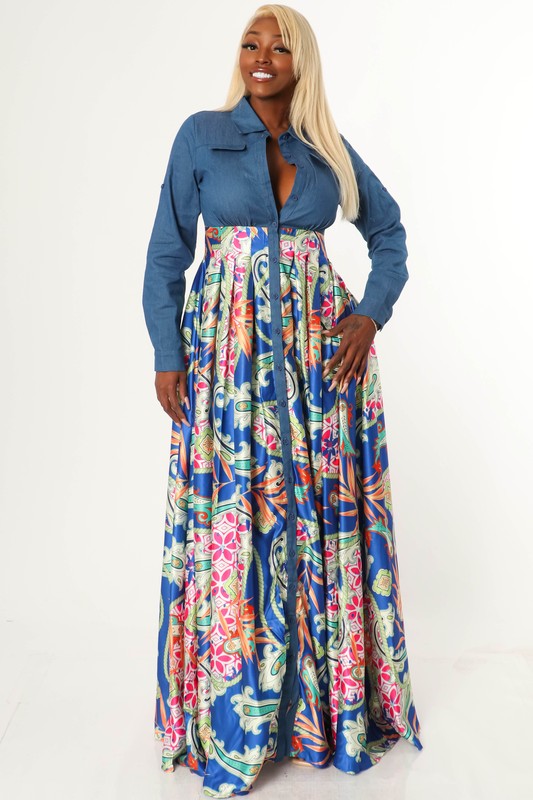Flower Bed denim and satin maxi dress